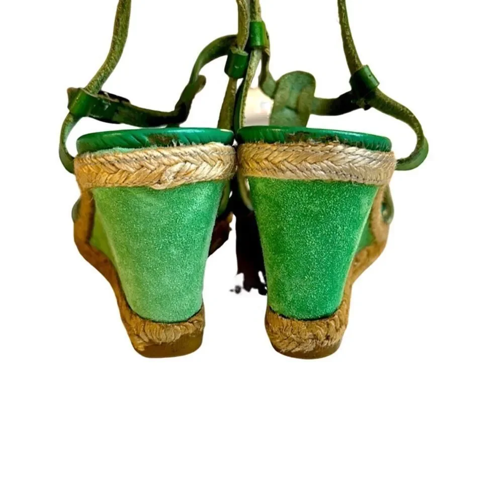 Marina Luna Vintage Green Leather T-Strap Espadrille
